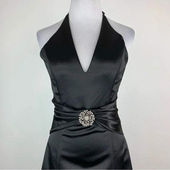 Vintage Jessica McClintock for Gunne Sax Black Satin Halter Evening Dress 3/4 - Picture 3 of 14